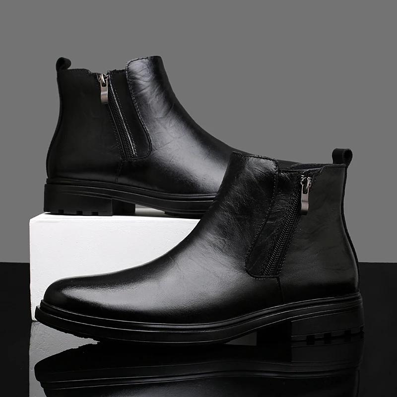 Mode Lässige Leder Chelsea Herrenstiefel mit seitlichem Reißverschluss Komfort Business Schuhe Echtes Leder Spitz Herren Stiefeletten Herren Kleiderschuhe