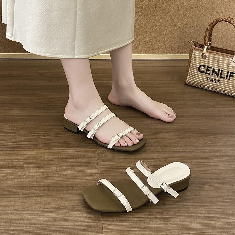 French Simple Word with Open-toed Thick Heel Sandals Women's Wear 2025 New Temperament Roman Sandals