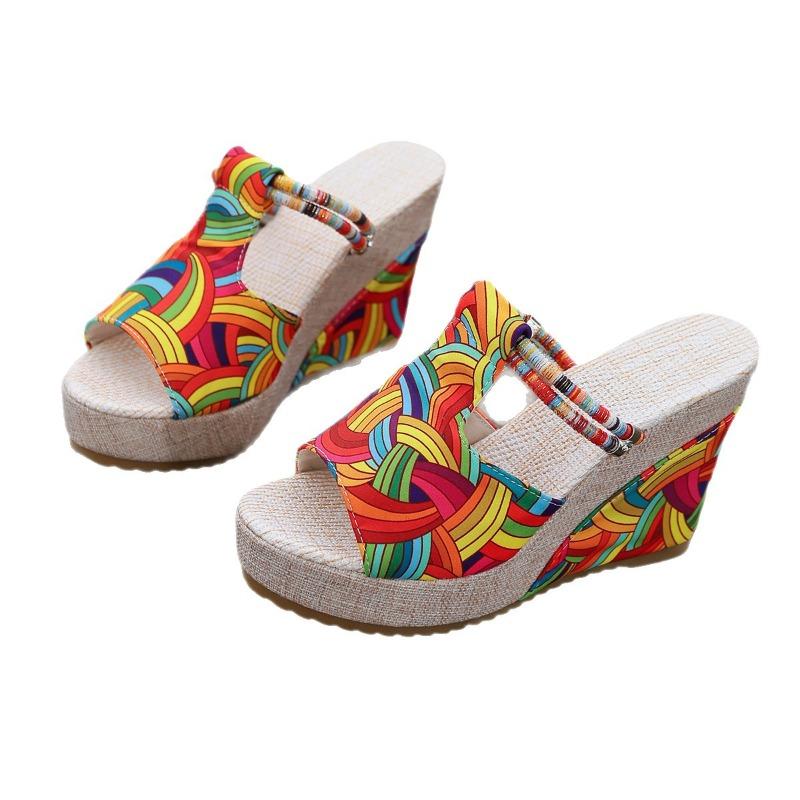 New Summer Colorful Printed Wedge Fashion Platform Peep‑Toe High‑Heel Beach Casual Vacation Bohemian Sandals