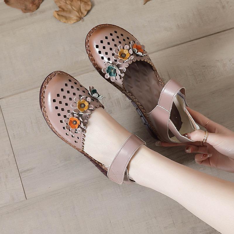 Summer new round head casual beef tendon sole women's shoes flower leather women's sandals breathable hole shoes