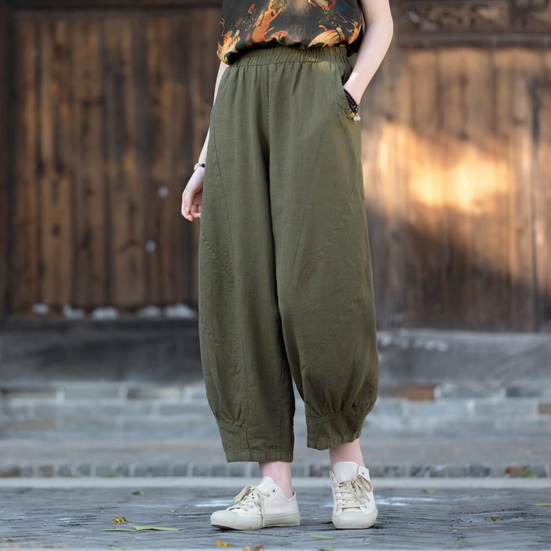 Johnature Women Vintage Solid Color Pants Elastic Waist Patchwork Pockets Summer Trousers Bloomers Pants