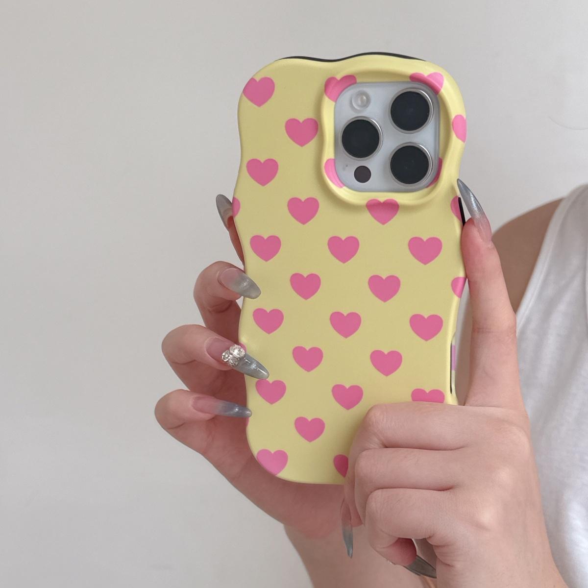 

Fashion Wave Edge Pink Red Love Heart Pattern Frosted Case For iPhone 16 15 14 13 Pro Max 2-in-1 Hit Color Shockproof Hard Cover iPhone 15