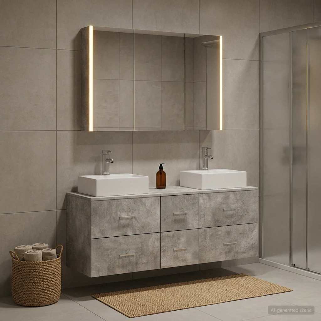 Bathroom Furniture Set 4 Pcs Concrete Grey Engineered Wood and Glass