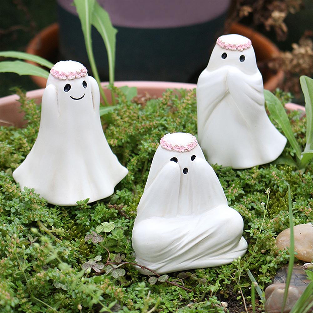 Lustiges Geisterfiguren-Set Halloween Gartendeko Niedliche Mini Harz Geisterstatue Ornamente Gartenarbeit/Lesen/Nichts Böses sehen Einzigartiges Geschenk