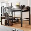 Hochbett mit Sicherheitsleiter 140*200, Kinderbett mit Eisenrahmen und Ablagefläche, Jugendbett, Schwarz