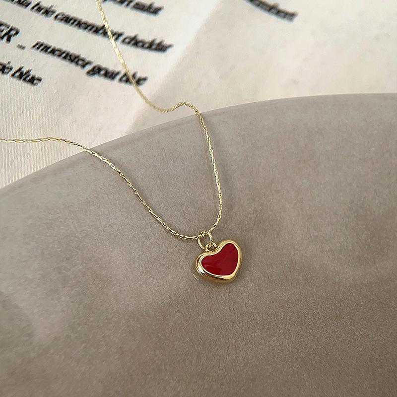 Süße romantische rote Emaille-Halsketten mit Herz-Anhänger für Frauen, vergoldet, dünne Schlangenkette, Choker, Großhandel 2024