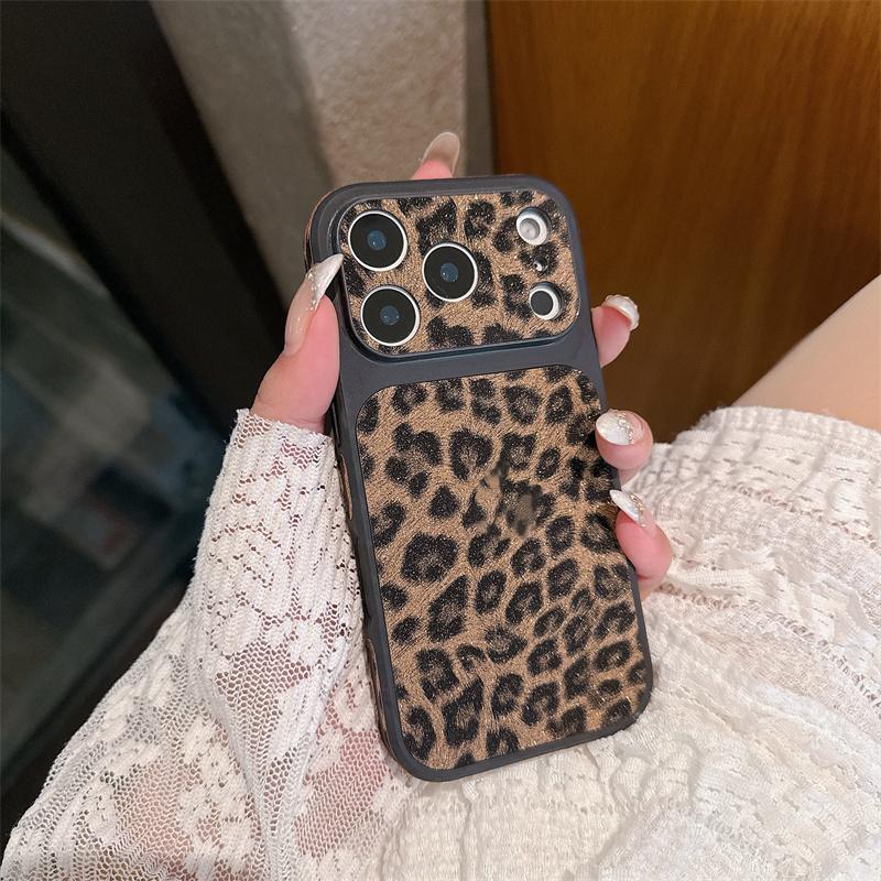 Fashion Leopard Print Leather Texture Phone Case For iPhone 17 16 15 14 13 Pro Max Instant Turn 17 Large Window Shockproof Cover