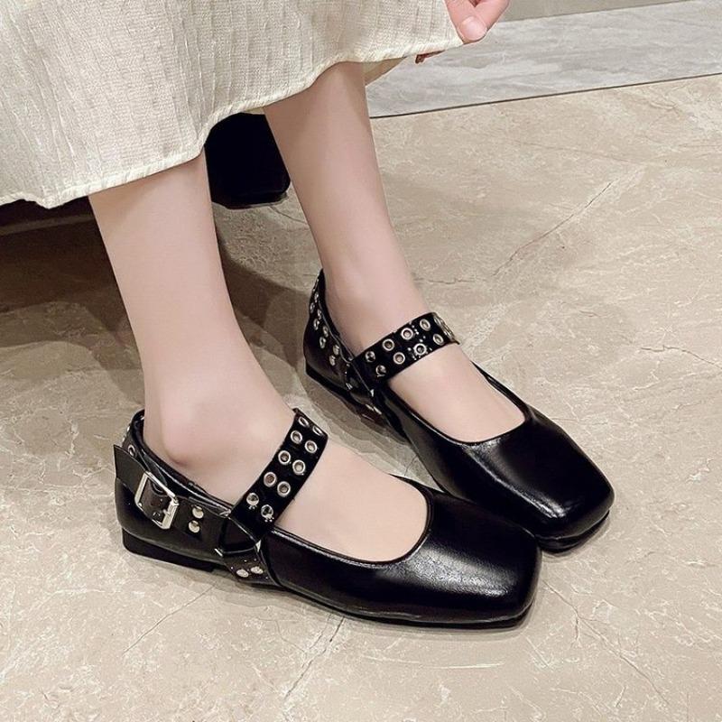 Square Toe Flat Mary Jane Women Vintage Metal Buckle Causal Brand Designer Fashion Ballet Shoes Riveted Shoes Female
