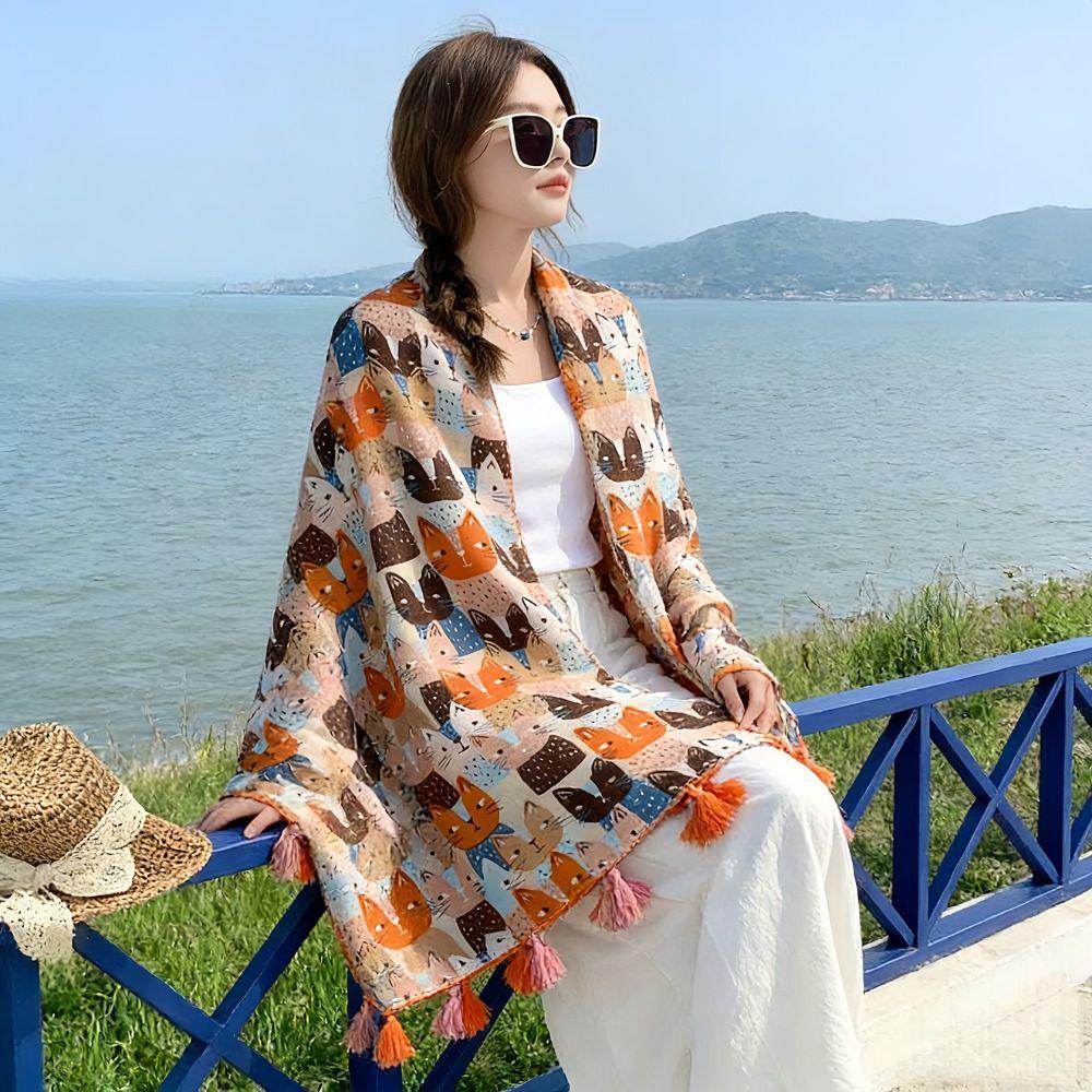 Large Cat Pattern Tassel Scarf Bohemian Ethnic Style Wrap Simple Animal Print Scarves  Vacation
