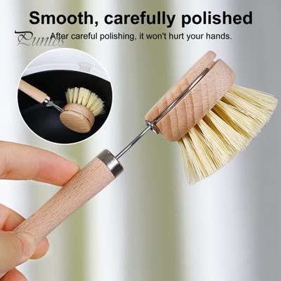 Pot Brush with Ergonomic Long/Short Round Handle High Density Bristle Wooden Cleaning Brush Stain Remover Brush
