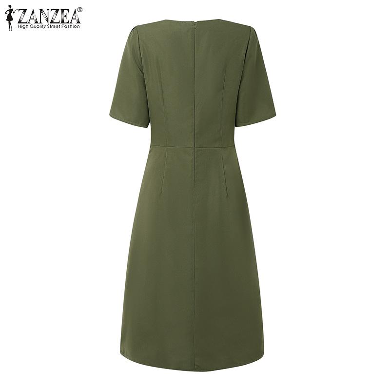 ZANZEA שמלת קיץ עם שרוולים קצרים וצווארון עגול מזדמן לנשים