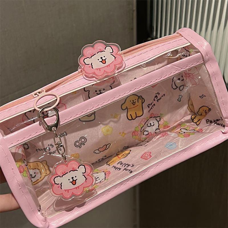 Swimming Line Puppy Double-layer Pencil Case Transparent Love Wind Double-layer Large-capacity Student Stationery Storage Pencil Case