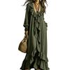 Women Casual Long Sleeve Dress V Neck Ruffle Trim Maxi Dress Retro Style Loose Fit Bohemian Dress