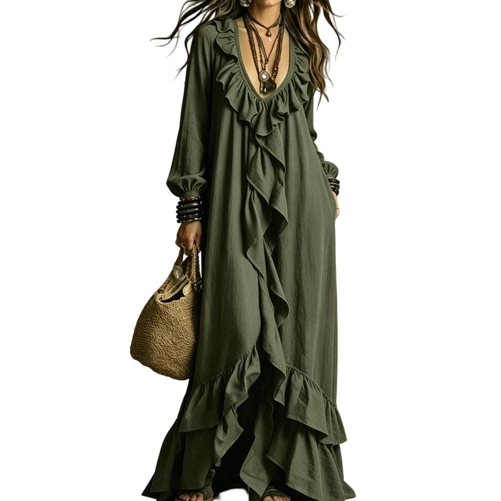 Women Casual Long Sleeve Dress V Neck Ruffle Trim Maxi Dress Retro Style Loose Fit Bohemian Dress