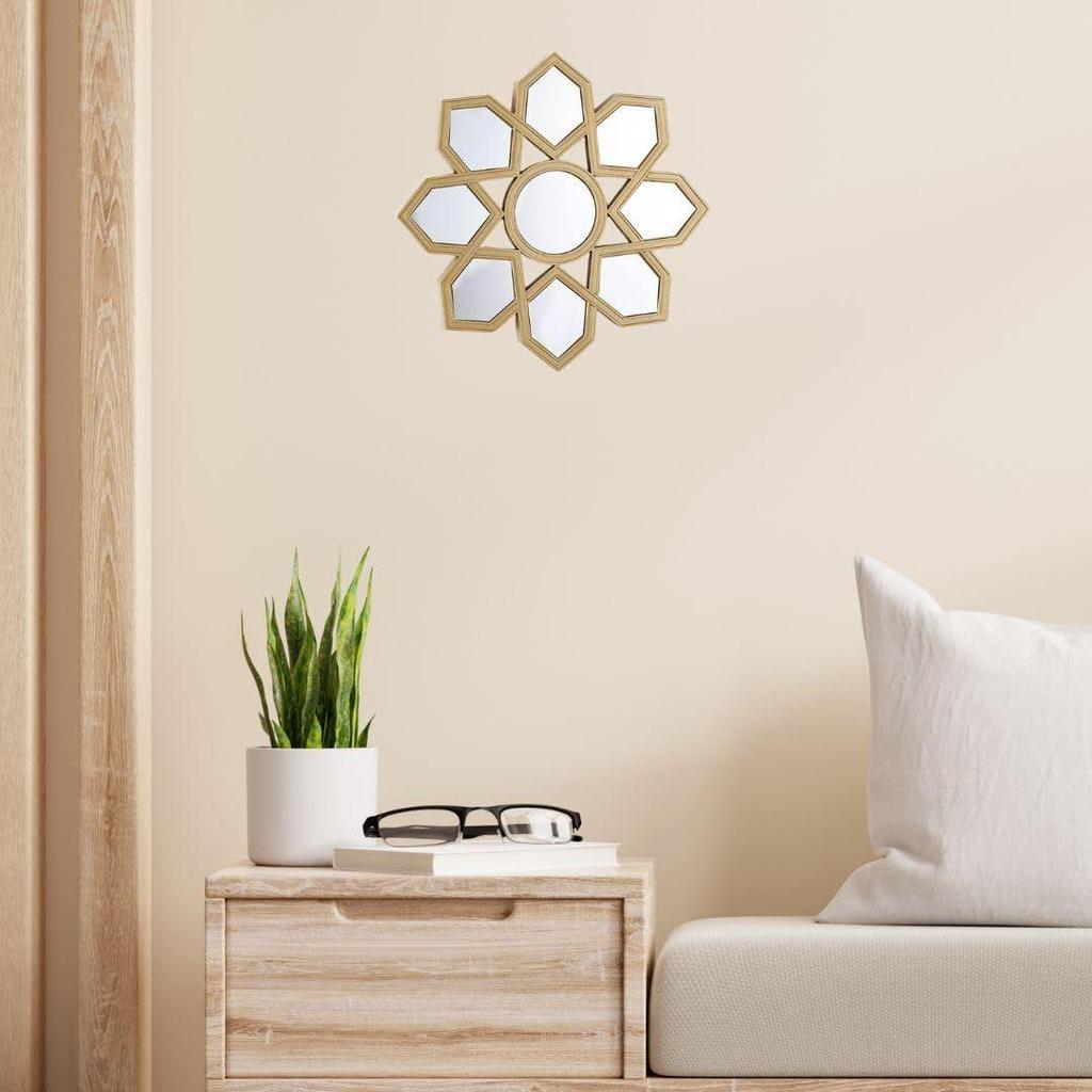 1 Pcs Round Geometric Flower Shape Fiber Wall Mirror with Acrylic Golden Aesthetic Frame with Hook for Hanging