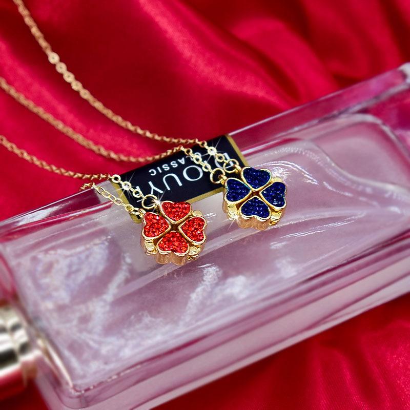 Red And Black Double Wearing Four-Leaf Flower Necklace Female Style Design Double Wearing Open And Closed Full Diamond Heart Shape