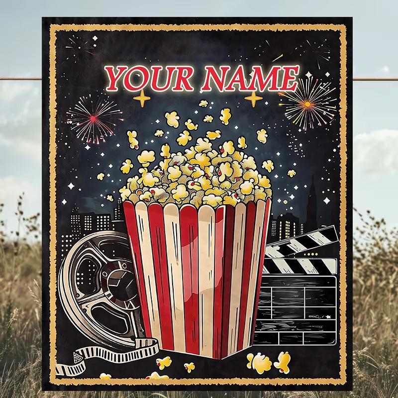 1PC Custom Name Movie Night Popcorn Party Outdooor Flannel Blankets Patterns Throw Blanket All-Season Soft Gift for Couch, Bed, Camping Gifts