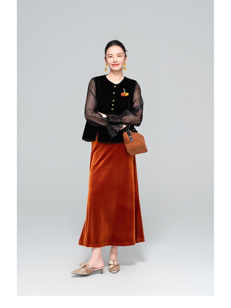 Samt-Fischschwanzrock mit hoher Taille - Damen Schlankmachend A-Linie, Nationalstil, Neu Herbst 2025