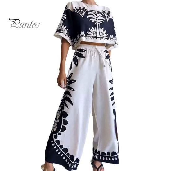 

2 шт./комплект женский укороченный топ брюки костюм короткий рукав свободный круглый вырез футболка с завязками эластичный пояс широкие брюки отпуск принтованная одежда пляж XL белый