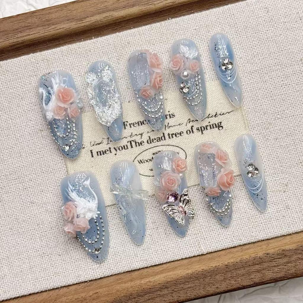 3D Light Blue Swan Medium-Length Pointed Fake Nail Art – Handmade Wearable Nails