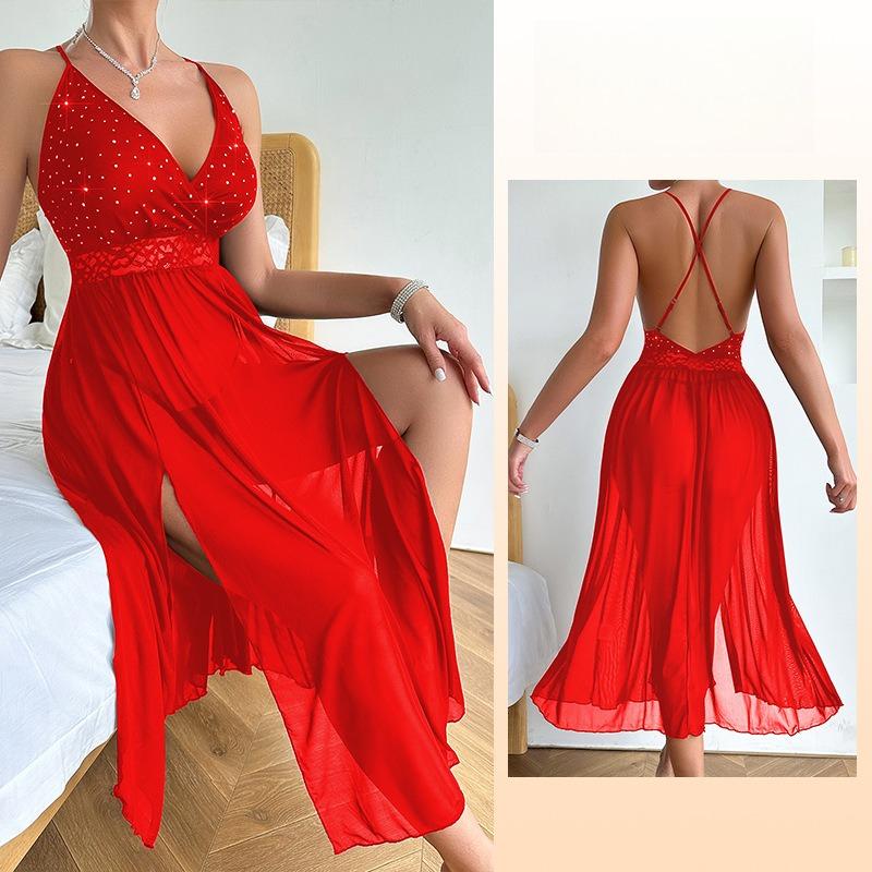 Heißes Netz-Camisole-Nachthemd mit tiefem V-Ausschnitt und hohem Schlitz, einfarbig, sexy, langes Loungewear 713 Glitzerndes, gewagtes Nachtwäsche, verziert mit glänzenden Strasssteinen