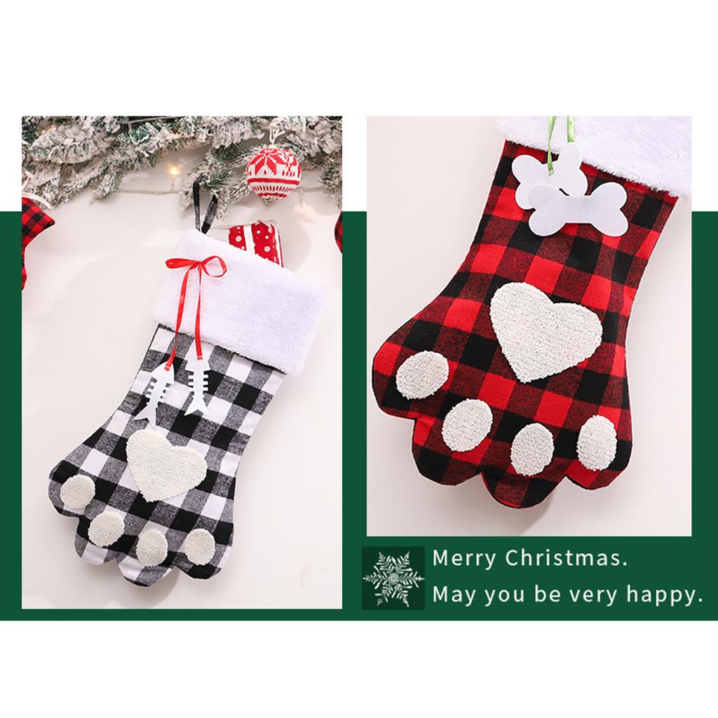 Christmas Stockings Black and White Plaid Dog Paw Stocking Hanging Christmas Tree Gift Bag Candy Bag Christmas Tree Decoration Accessories