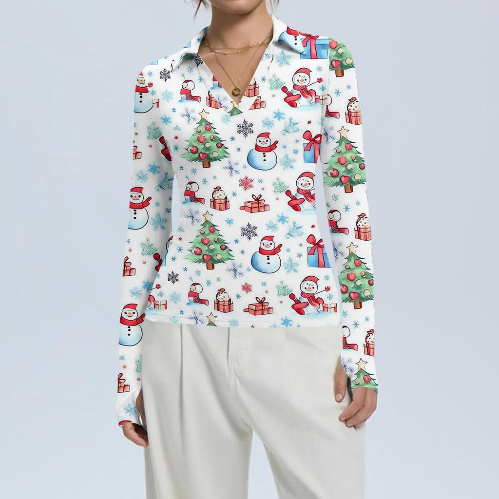 Damenmode Lässig Weihnachts-Print V-Ausschnitt Langarm Knopfleiste Oberteil