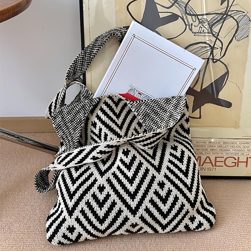 Fashion Geometric Contrast Color Handmade Knitted Handbag Women Minimalist Knot Shoulder Bag Summer Beach Bag
