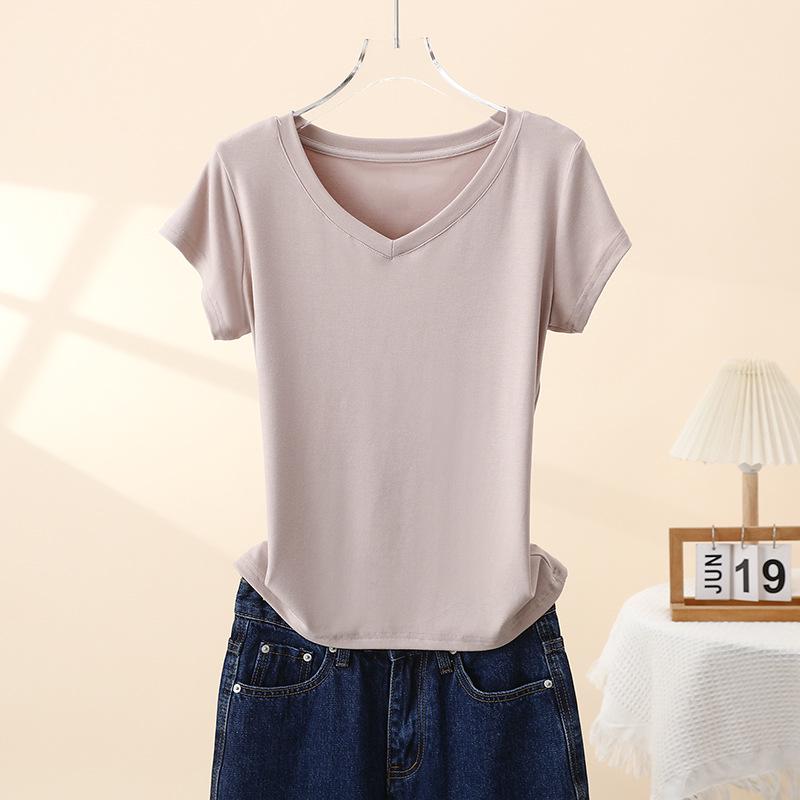 

Женская летняя приталенная хлопковая футболка с V-образным вырезом – Повседневный топ с коротким рукавом XL [120-140 jin]