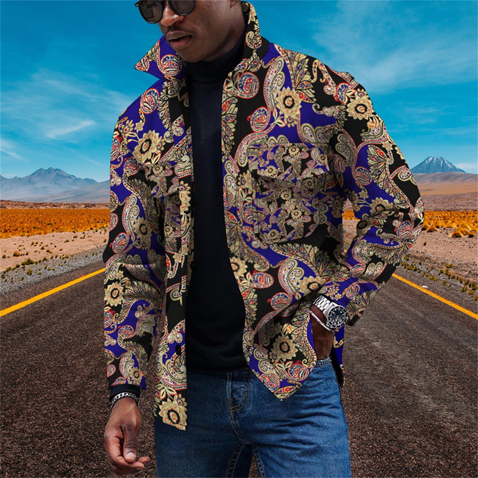 

Мужская модная тенденция, повседневная повседневная куртка на пуговицах с длинным рукавом с принтом L тёмно-синий