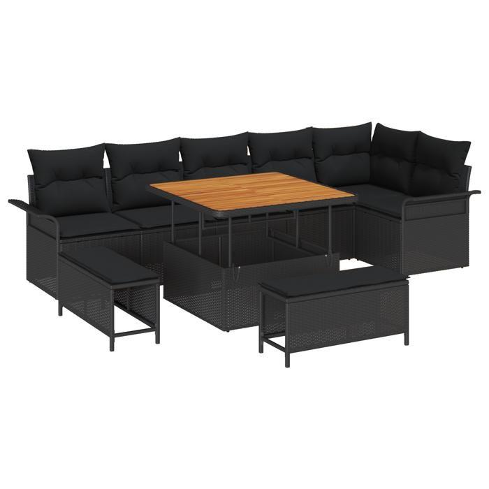 VidaXL Ensemble de canapé de jardin 9 pièces avec coussins Noir Poly Rattan Acacia 3362144