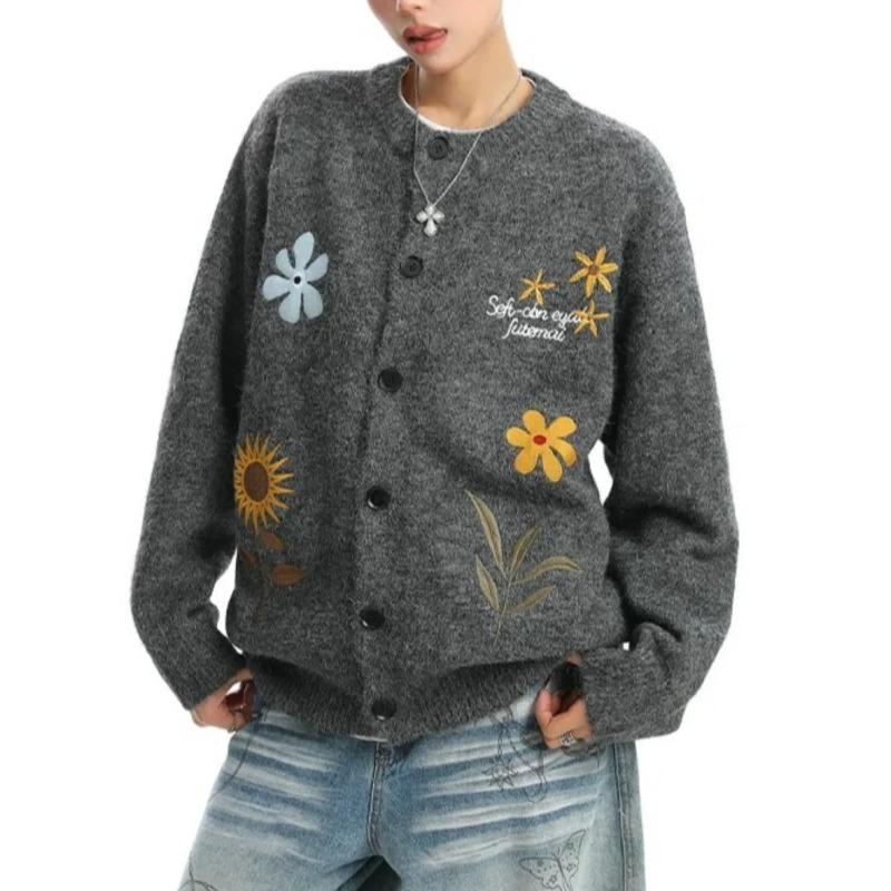 DIMANAF 2026 Otoño Invierno Nuevo Suéteres de Talla Grande para Mujer Cárdigan Camisa de Punto Bordado Floral Manga Larga Cuello Redondo Tops Casuales para Señora