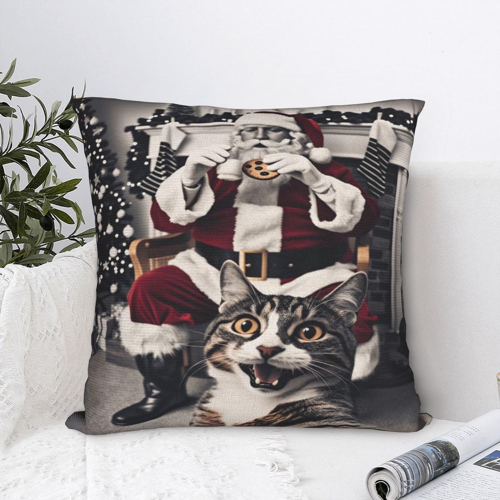 Cat Selfie with Santa Xmas Pillow Case Retro Trendy Pillow Cover Comfy Pillowcases For Living Room Bed Chair