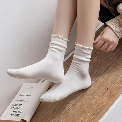 Women's Autumn and Winter Pure Cotton Socks, Mid-calf Socks, Lace Socks, Anti-pilling Black Fungus Edge Pile Socks