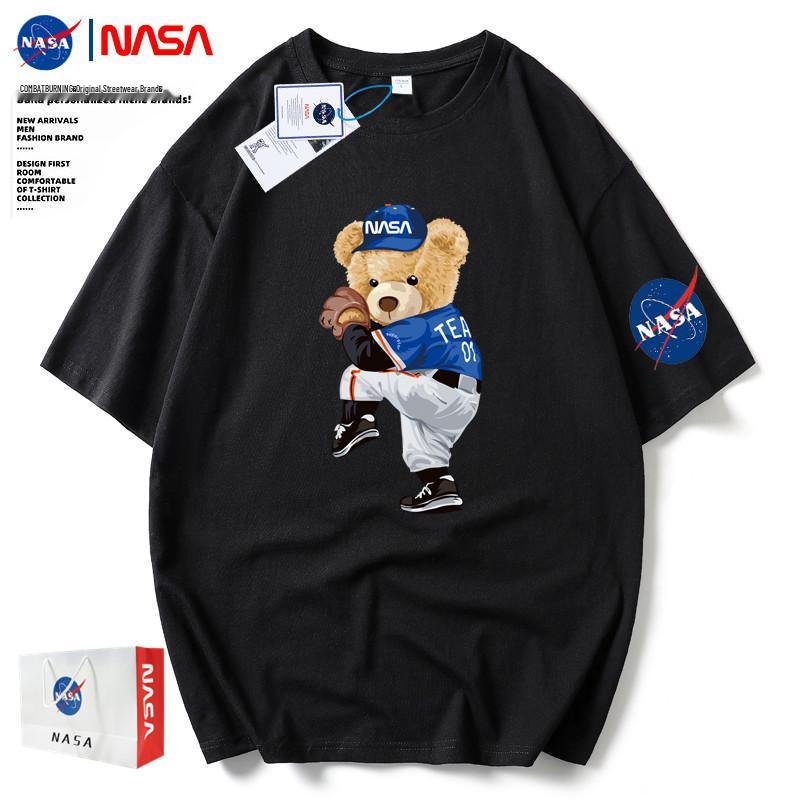 Men's NASA Co-branded Bear Print Crew Neck Cotton T-Shirt - Short Sleeve, Casual Streetwear, Plus Size Available