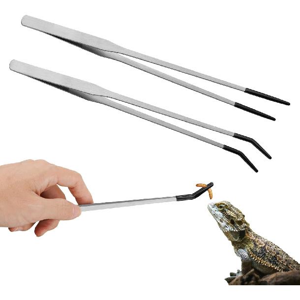 2PCS Stainless Steel Reptile Feeding Tongs with Rubber Tip, 10.6” Straight & Curved Long Tweezers for Aquarium or Craft, Bearded Dragon Tank Snakes