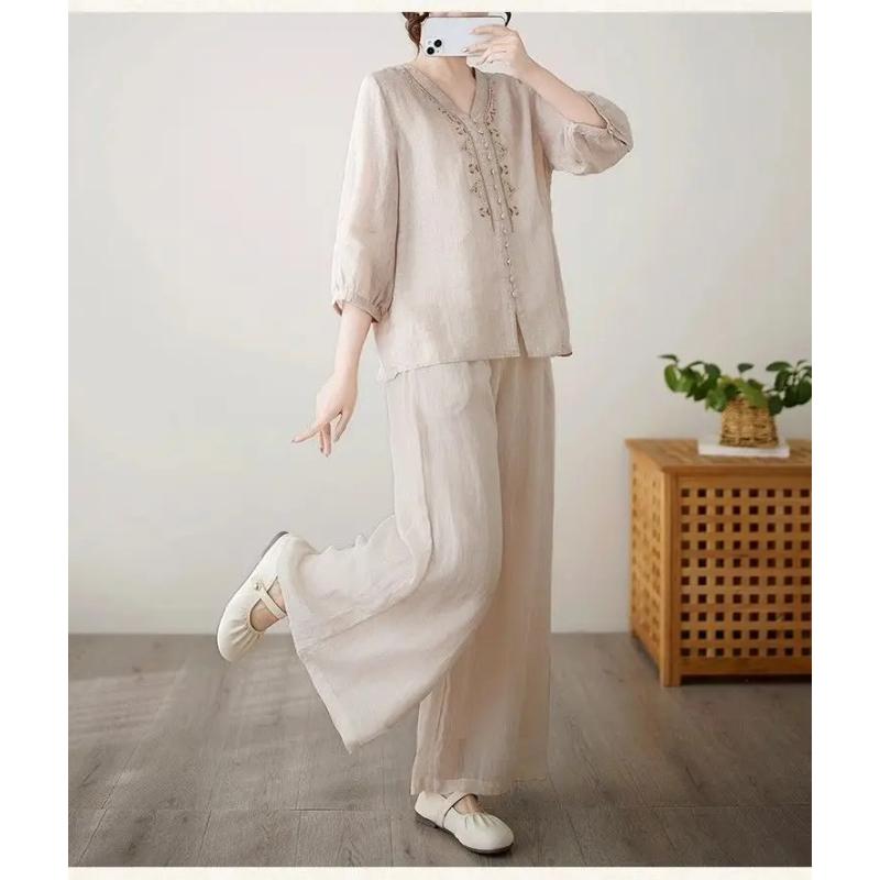 Conjunto de Top de Algodón y Lino de Verano Elegante Juvenil de Media Manga y Pantalones de Pierna Ancha Conjunto Casual Holgado de Dos Piezas Ropa para Mujer