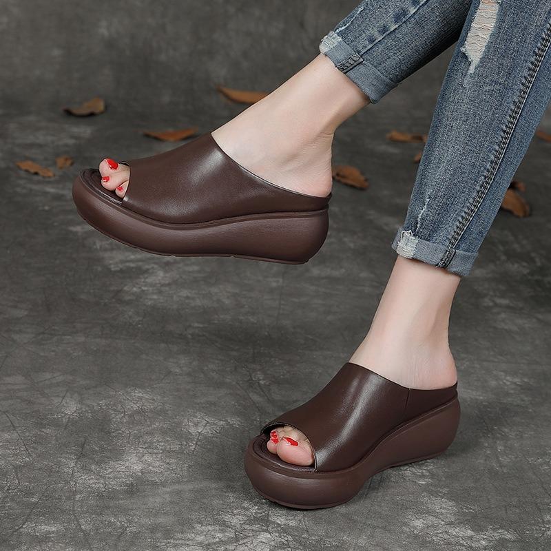Summer wedge heel comfortable women's slippers thick-soled medium temperament outer wear leather slippers medium heel sandals