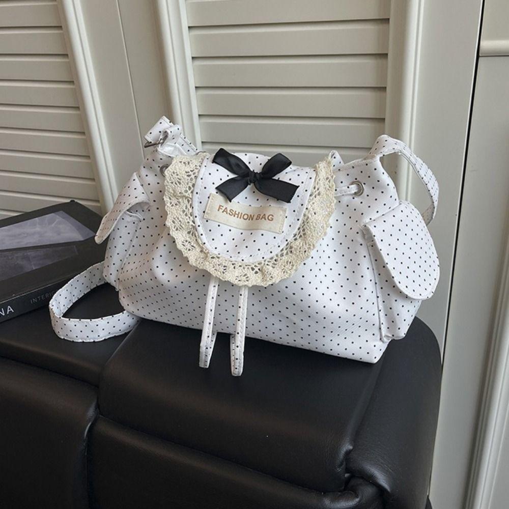 Korean Style Polka Dot Shoulder Bag Canvas Retro Underarm Bag Lace Bow Crossbody Bag Girls