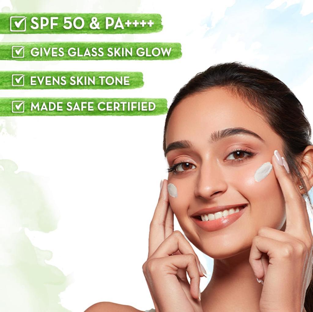 Mamaearth Rice Water Dewy Sunscreen SPF 50 PA++++ For Glass Skin Glow & Tan Protection | No White Cast | 50g | For All Skin Types