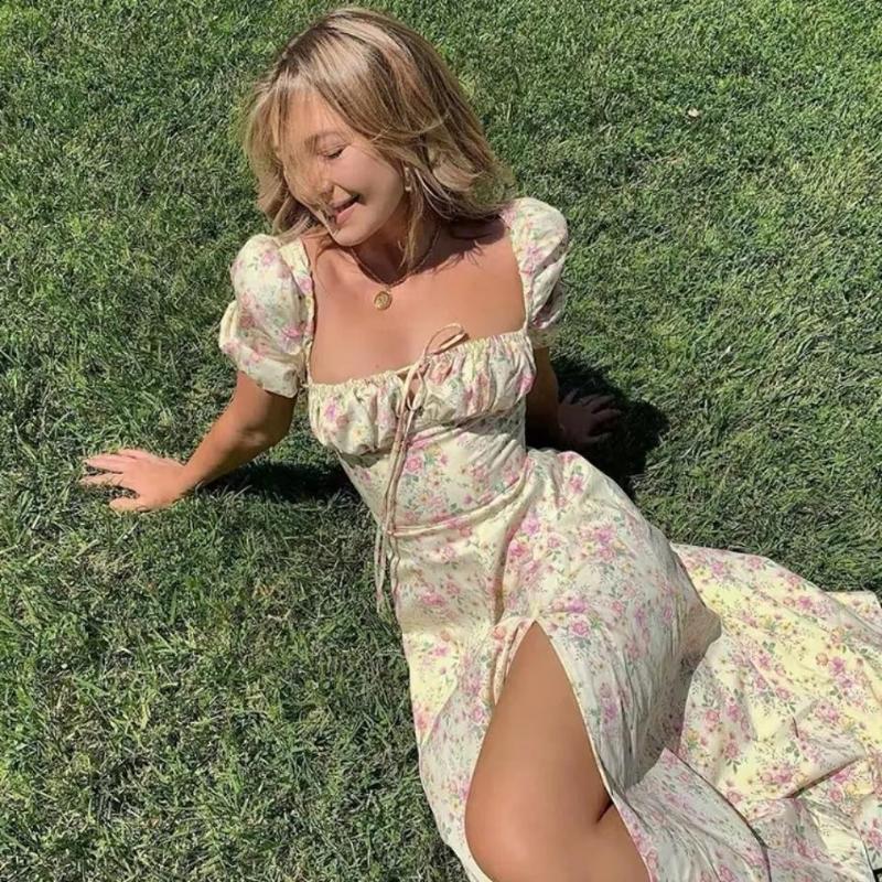 Summer Woman's Retro Elegent Suquare Neck Puff Sleeve Floral Print Maxi Dress Partywear SweetClub Dress