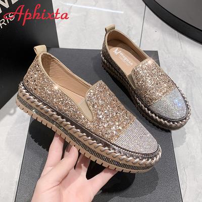 Aphixta Luxuskristalle Paillettenbesetzte Flats mit Plateauschuhen Loafers Flats Leder Paar Frau Studentenschuhe Übergröße 44