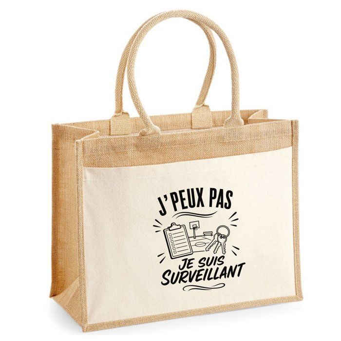 Sac Cabas Jute avec Poche J’peux pas je suis Surveillant J'peux pas minimaliste | Toile de Jute et Coton 21 L Fond Plat Anses 65 cm