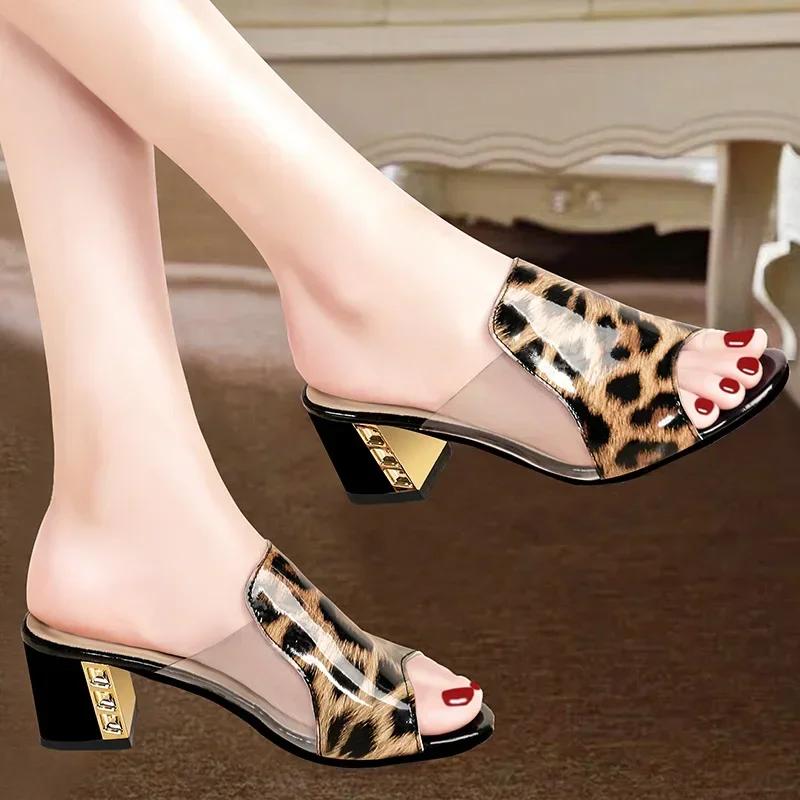 Fashion 2025 Women's Slippers Peep Toe High Heels Summer New Wear Square Heel Women Shoes Fashion Slippers Lady Shoes Footwear