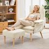 Sessel mit Hocker, 5-fach verstellbarer Ruhesessel, Polsterstuhl zum Lesen und Fernsehen mit Kopf- und Armlehnenpolstern, Holzbeine, Beige.