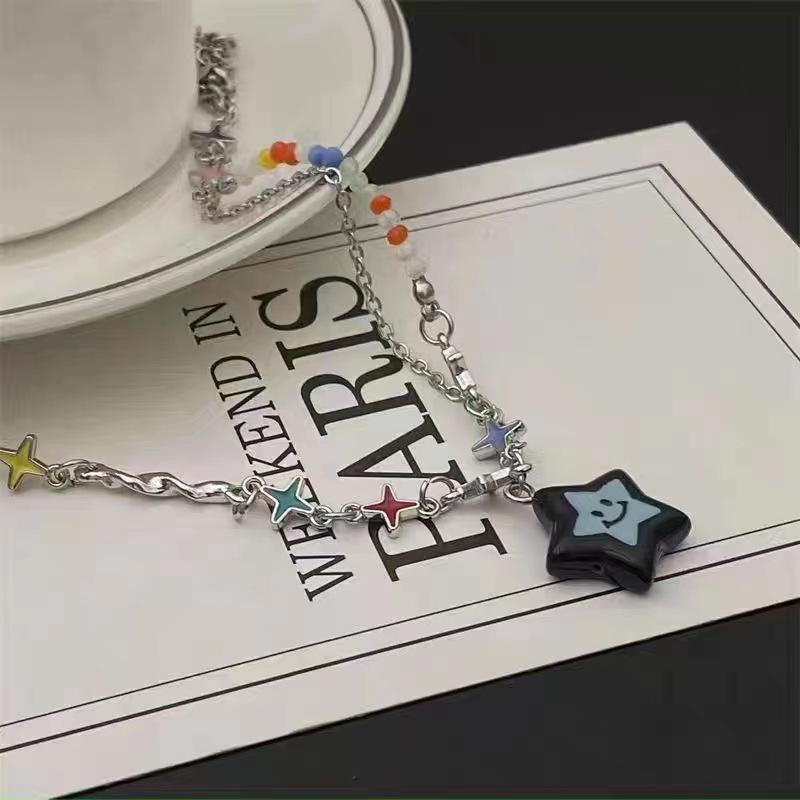 Lucky Star Color Splicing Necklace Women's Niche Design Sweet Cool Wind Dopamine Accessories Versatile Clavicle Chain Women