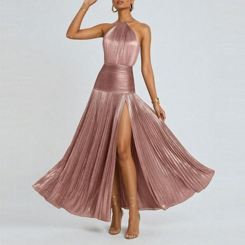 Spring New European American Fashionable Temperament Hanging Neck Waist Split Dress L