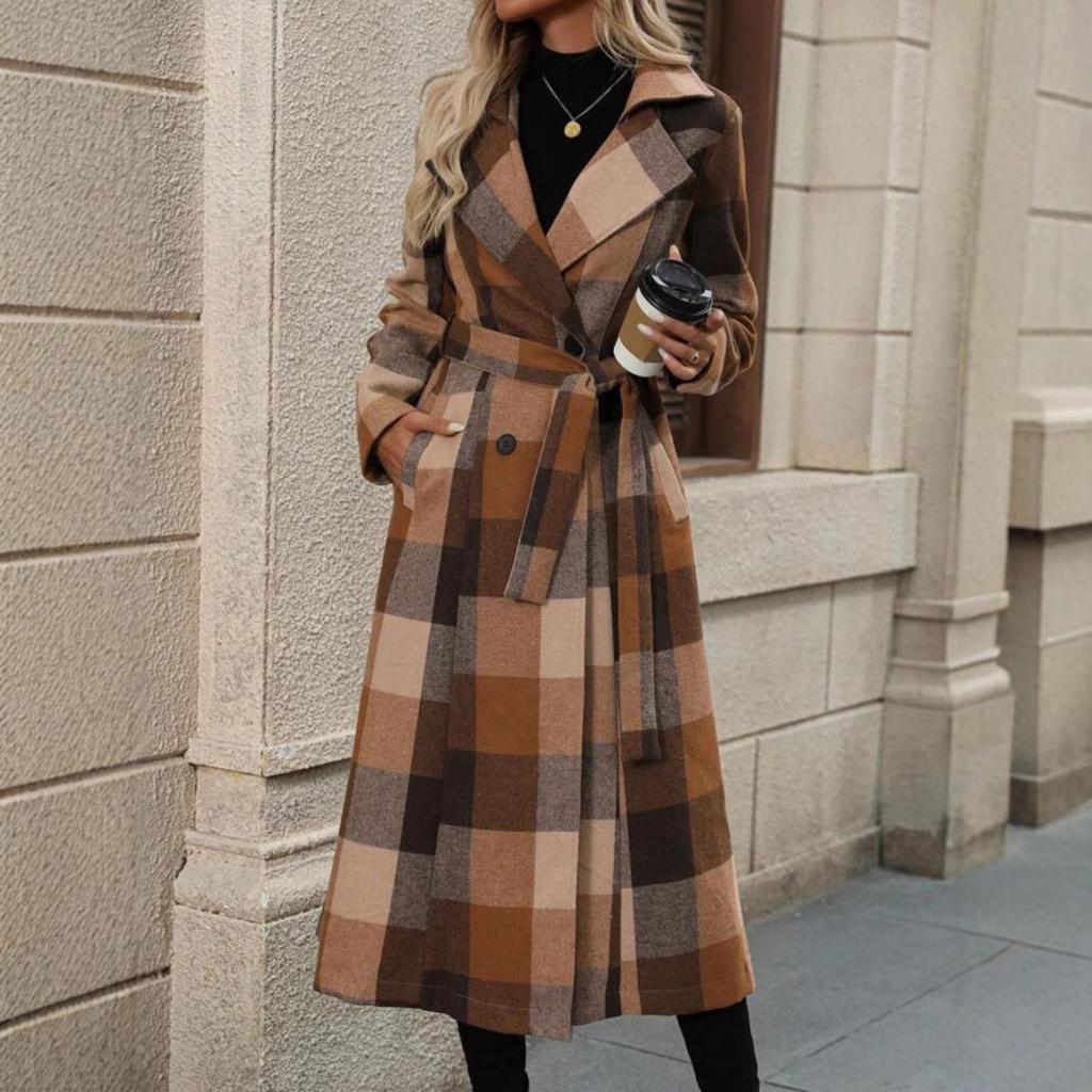 Autumn Winter Women's Plaid Long Trench Coat, British Style European American Outerwear With Belt