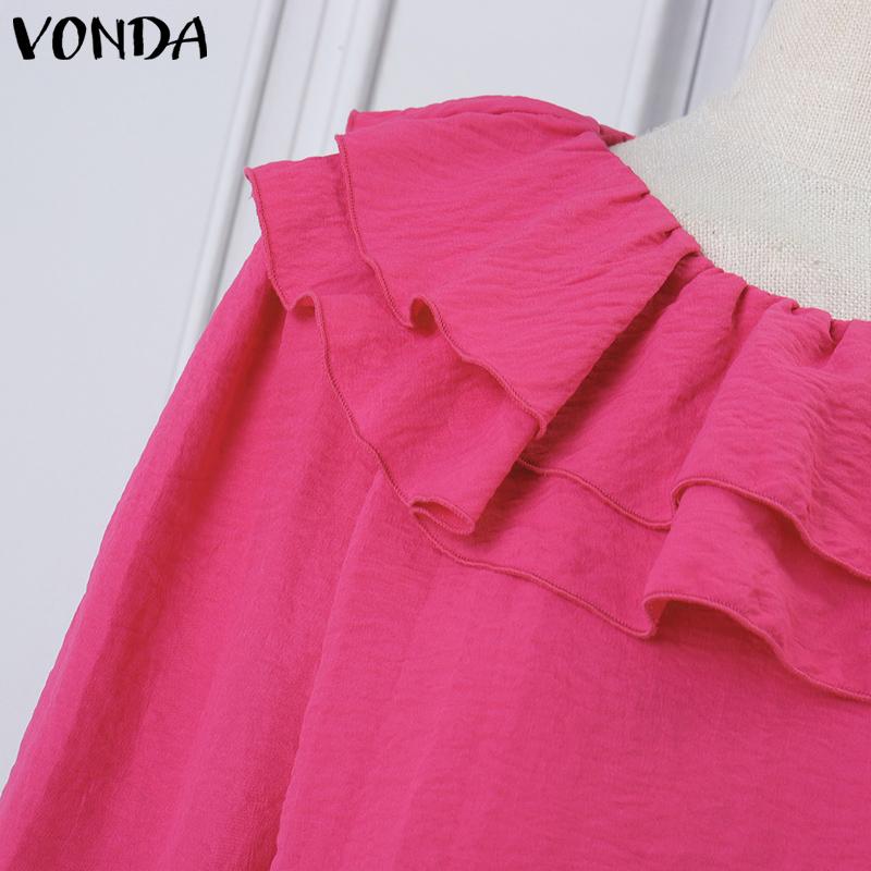 VONDA Women Casual Ruffled Round Neck Long Sleeve Solid Color Blouses