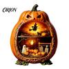 Detailed Halloween Scene Decor Centerpiece Pumpkin, Wooden Pumpkin Ornament with Miniature Scenes, Rustic Home Accents Skeleton for Farmhouse